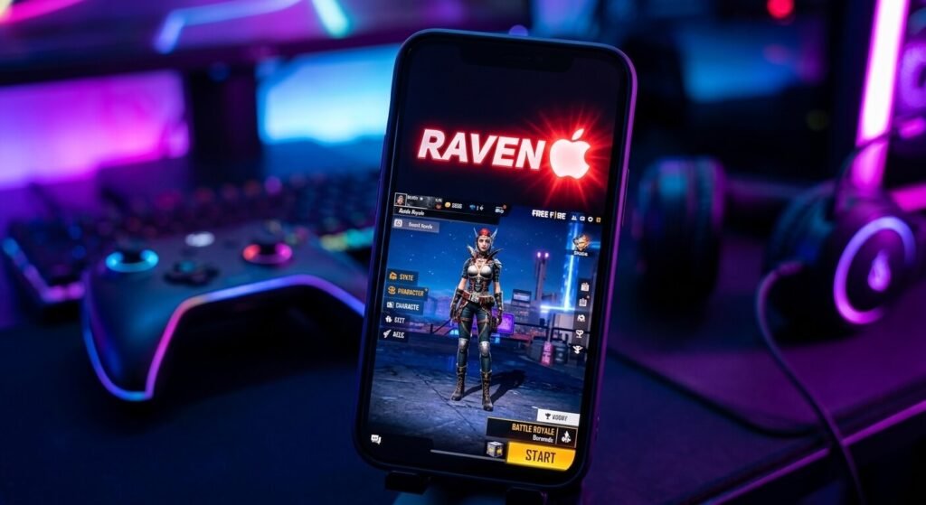 "Símbolo da maçã do iPhone no Free Fire mostrado no nick RAVEN na lobby do jogo"
