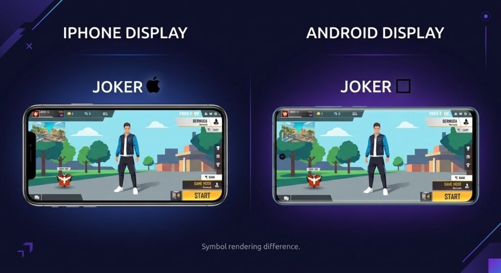 "Comparação do símbolo da maçã do iPhone no Free Fire: iPhone mostra a maçã, Android mostra um quadrado"

