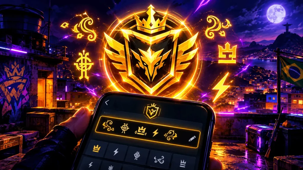 Nomes para guilda de Free Fire com símbolos raros brilhando em emblema dourado sobre laje com neon roxo e laranja