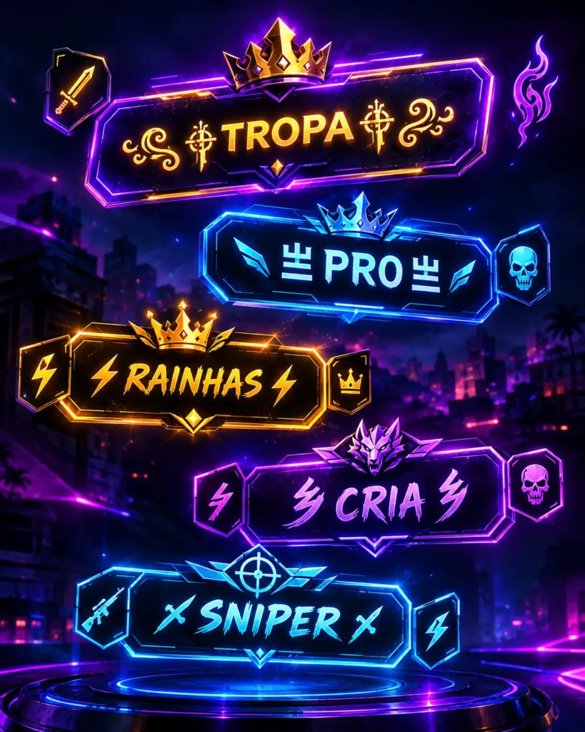 Lista visual de nomes para guilda de Free Fire com símbolos como ꧁ ꧂ ☬ 亗 ⚡ em cartões holográficos
