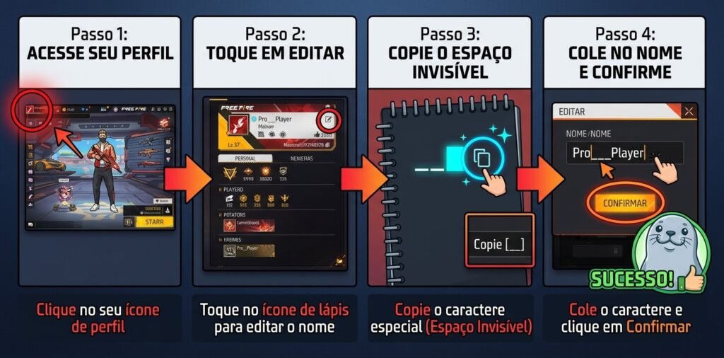 passo a passo espaço transparente no nick free fire como editar nick Pro Player