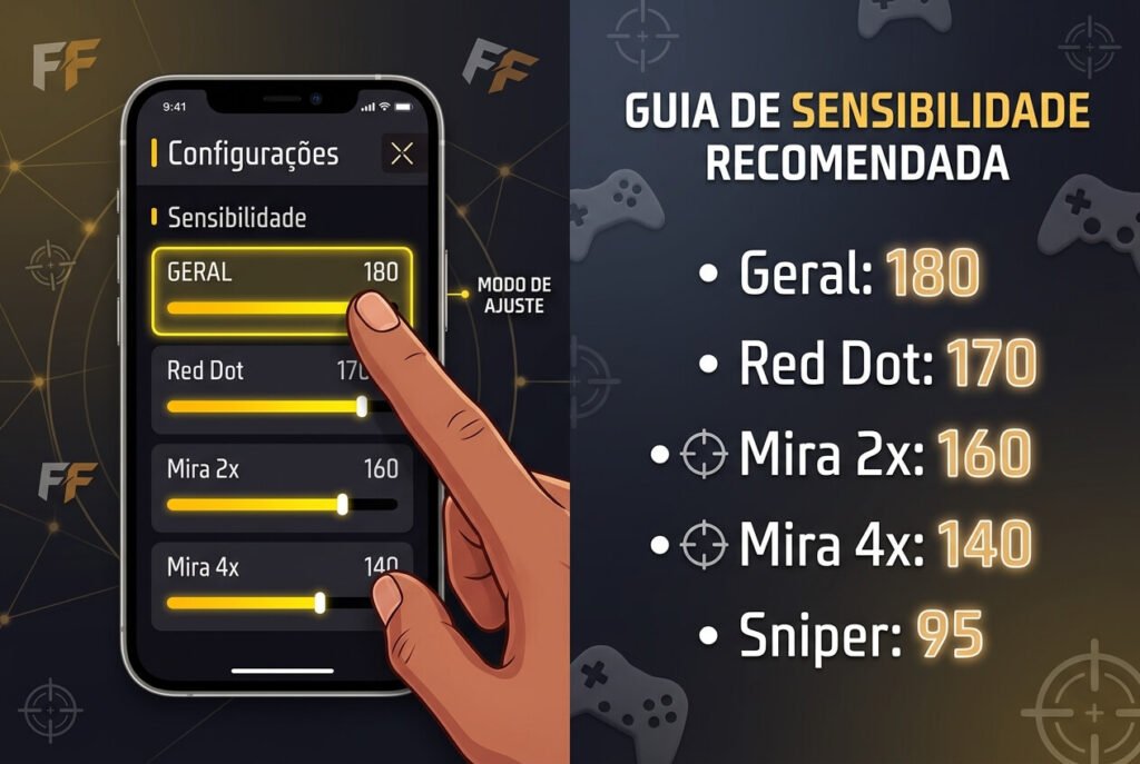 tabela de configuração da sensibilidade Free Fire iniciantes com valores para geral, red dot, mira 2x, 4x e sniper